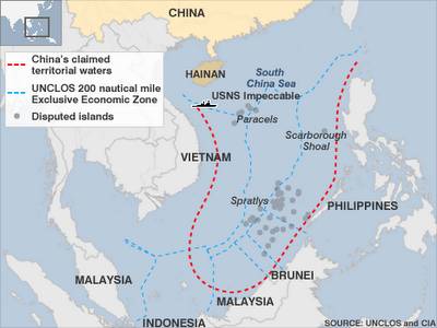 Map : From UNCLOS and CIA, published by BBC News: http://www.bbc.co.uk/vietnamese/vietnam/2009/06/090602_viet_malay_claim.shtml 		Trung Quốc đòi làm chủ toàn thể Biển Đông Nam Á trong hình vẽ lưỡi bò