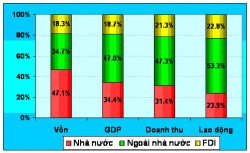 Nguồn: Số liệu về vốn, doanh thu và lao động lấy từ Báo cáo giám sát tập đoàn, tổng công ty nhà nước của Ủy ban Kinh tế Quốc hội (2009). Số liệu GDP là của năm 2008 lấy từ Tổng cục Thống kê, trong đó khu vực nhà nước bao gồm các DNNN và các hoạt động phi kinh doanh (như quản lý nhà nước, an ninh quốc phòng, đảm bảo xã hội, giáo dục, y tế, văn hóa, thể thao v.v...).