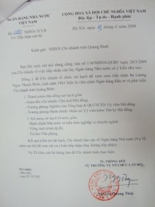 Văn bản của NHNN Việt Nam gửi chi nhánh Quảng Bình "hướng dẫn" việc sát hạch công chức đối với bà Bình.