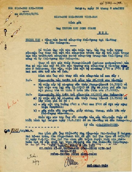 Bản sao công văn số GĐ/1052/C/VL ngày 16/8/1955 của Nha Giám đốc Khí tượng Việt Nam gửi Trưởng Khu Công chánh Huế.