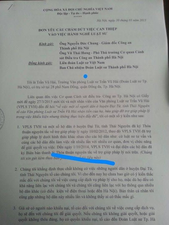 Luật sư Trần Vũ Hải trình bằng chứng liên quan về đơn tố cáo ở Thái Nguyên vào ngày 30/3/2015